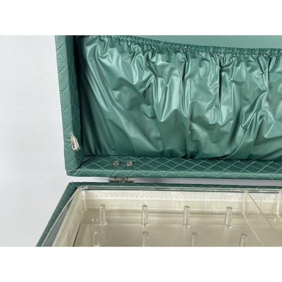 Vintage Green Quilted Vinyl Sewing Box with Tray Drawer 1950s/60s Case w/ Handle - Picture 9 of 14
